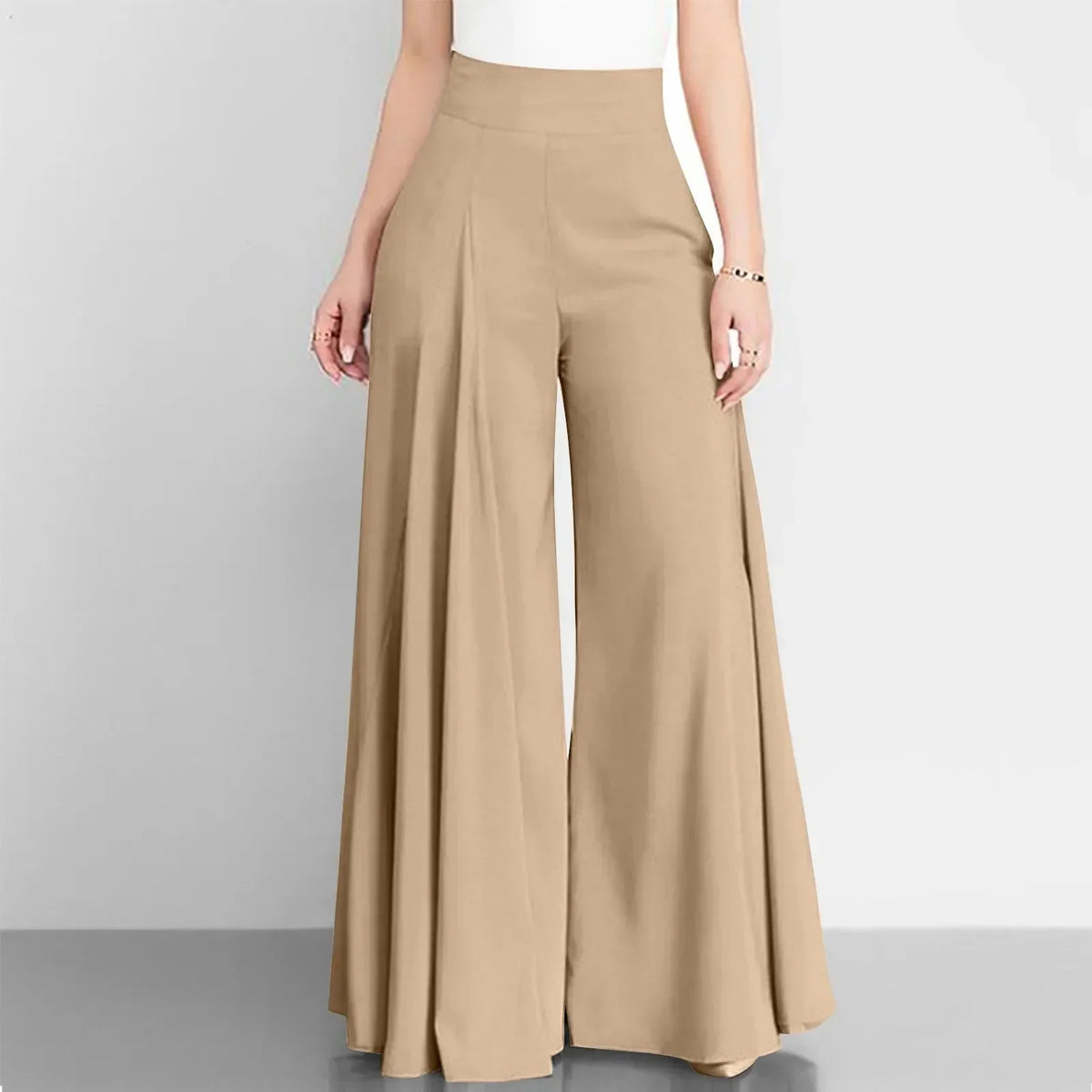 Bernice High Waist Palazzo Trousers with Flared Legs in Beige