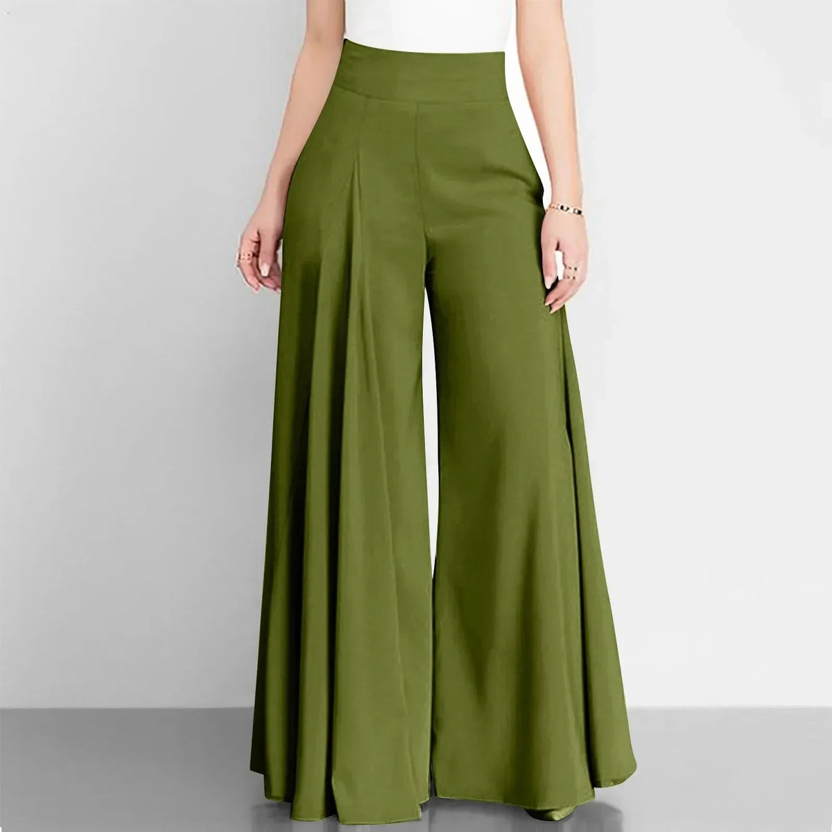 Bernice High Waist Palazzo Trousers with Flared Legs in Green