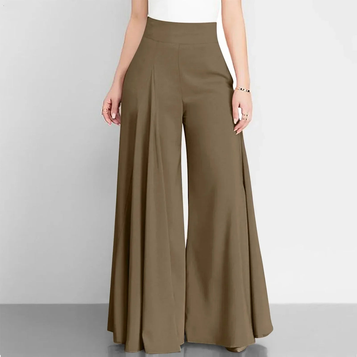 Bernice High Waist Palazzo Trousers with Flared Legs in Coffee