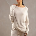 Bertha Asymmetric Off-Shoulder Jumper with Batwing Sleeves in Beige