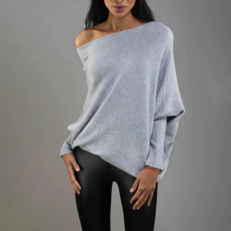 Bertha Asymmetric Off-Shoulder Jumper with Batwing Sleeves in Grey