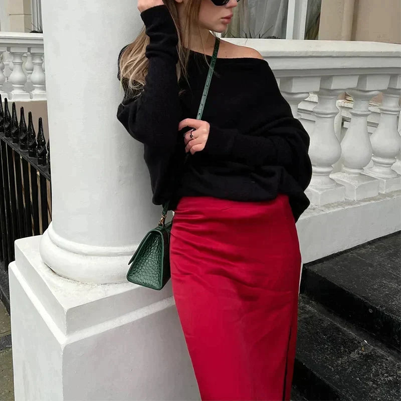 Bertha Asymmetric Off-Shoulder Jumper with Batwing Sleeves in Black
