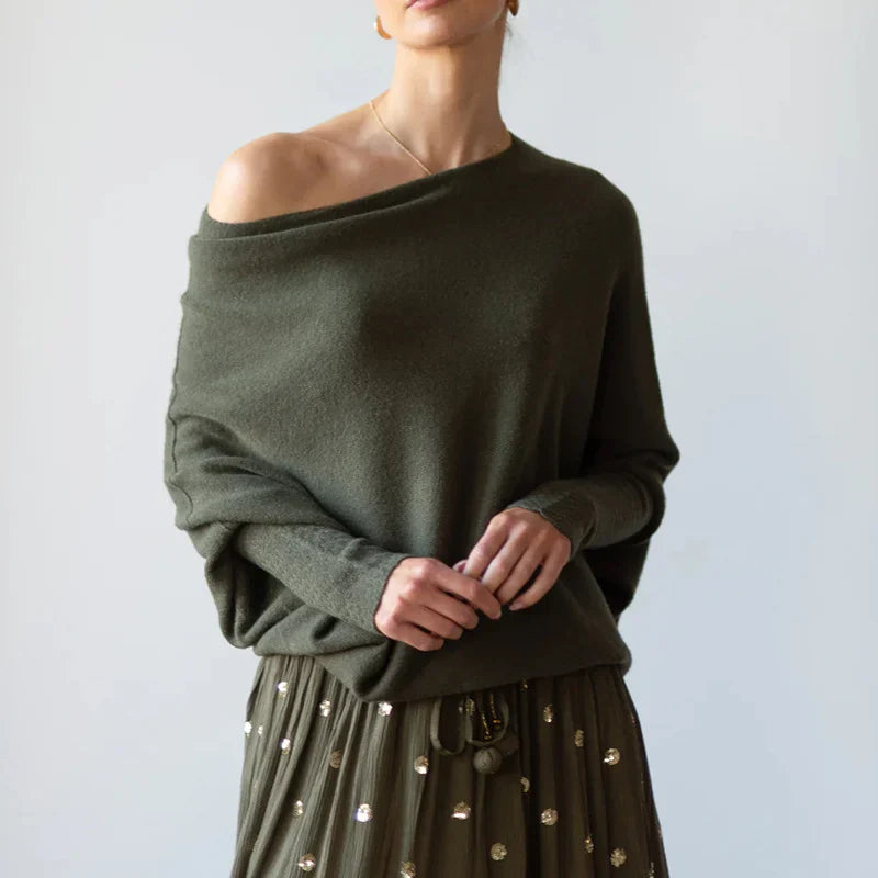 Bertha Asymmetric Off-Shoulder Jumper with Batwing Sleeves in Green