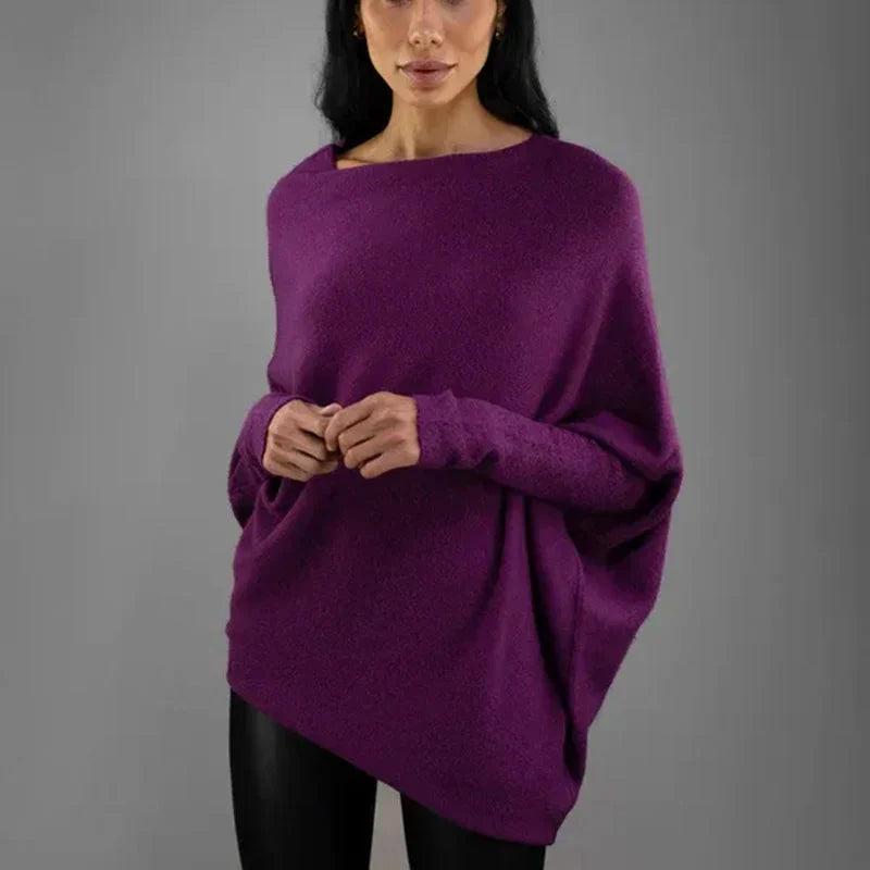 Bertha Asymmetric Off-Shoulder Jumper with Batwing Sleeves in Purple