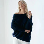Bertha Asymmetric Off-Shoulder Jumper with Batwing Sleeves in Dark Blue