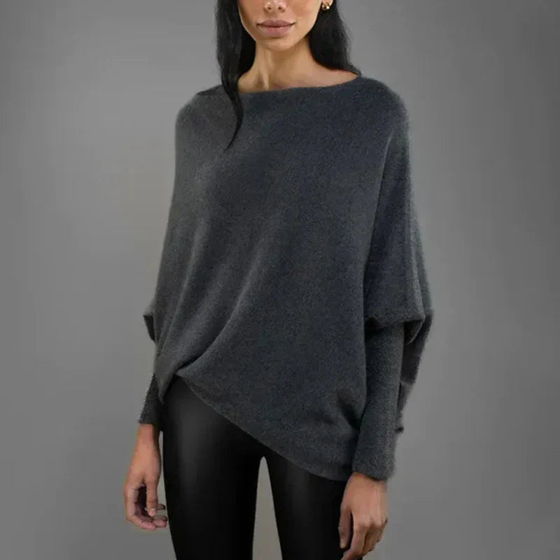 Bertha Asymmetric Off-Shoulder Jumper with Batwing Sleeves in Dark Grey