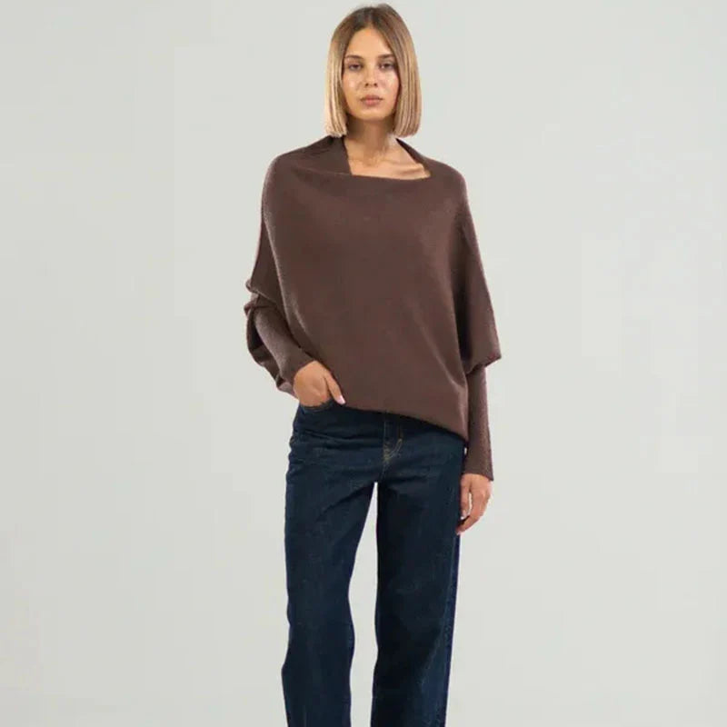 Bertha Asymmetric Off-Shoulder Jumper with Batwing Sleeves in Brown