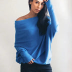 Bertha Asymmetric Off-Shoulder Jumper with Batwing Sleeves in Navy