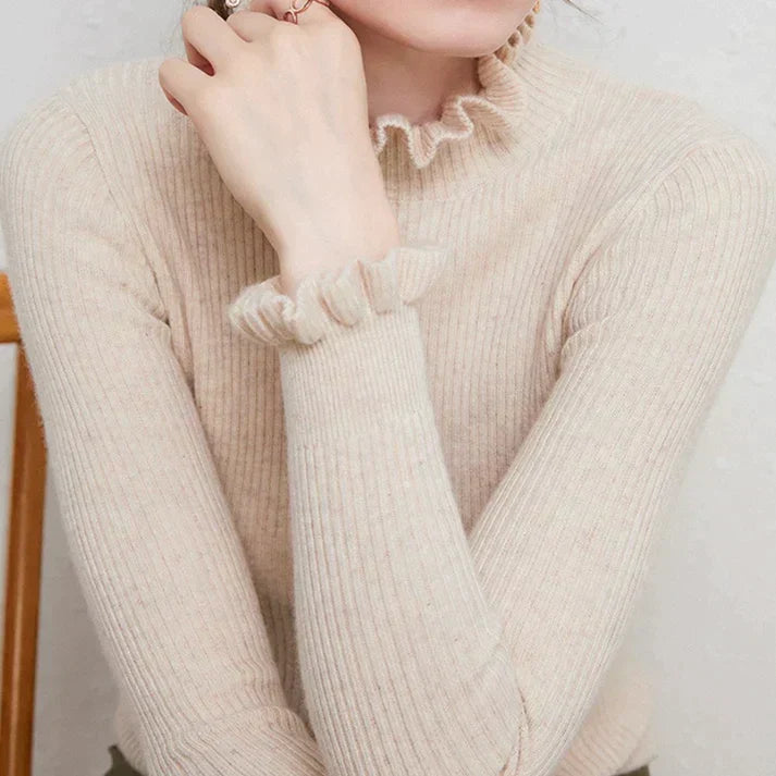 Celia Ribbed Turtleneck Sweater with Ruffled Cuffs in Beige