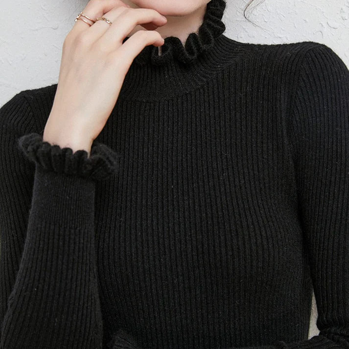 Celia Ribbed Turtleneck Sweater with Ruffled Cuffs in Black