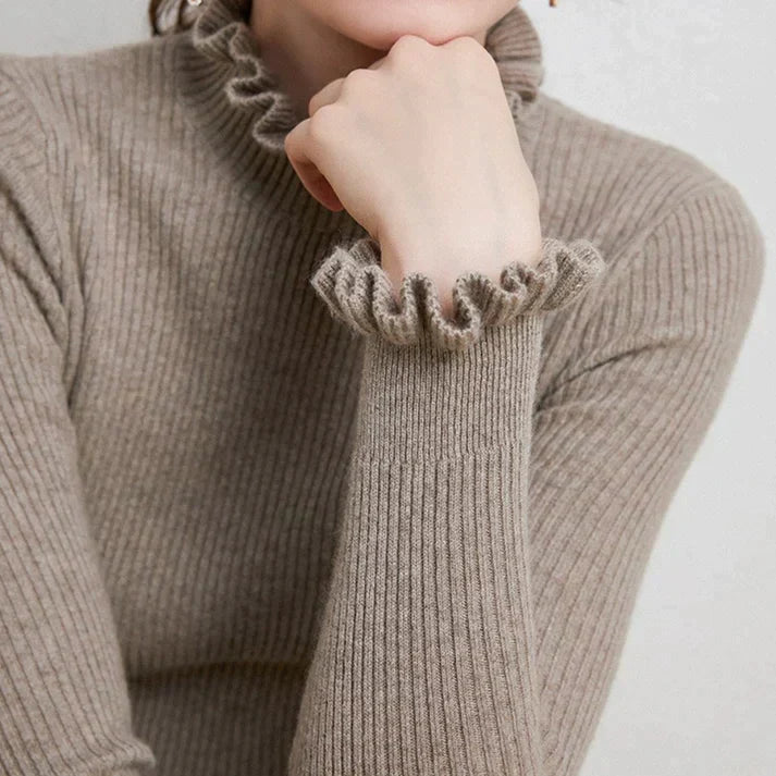 Celia Ribbed Turtleneck Sweater with Ruffled Cuffs in Khaki