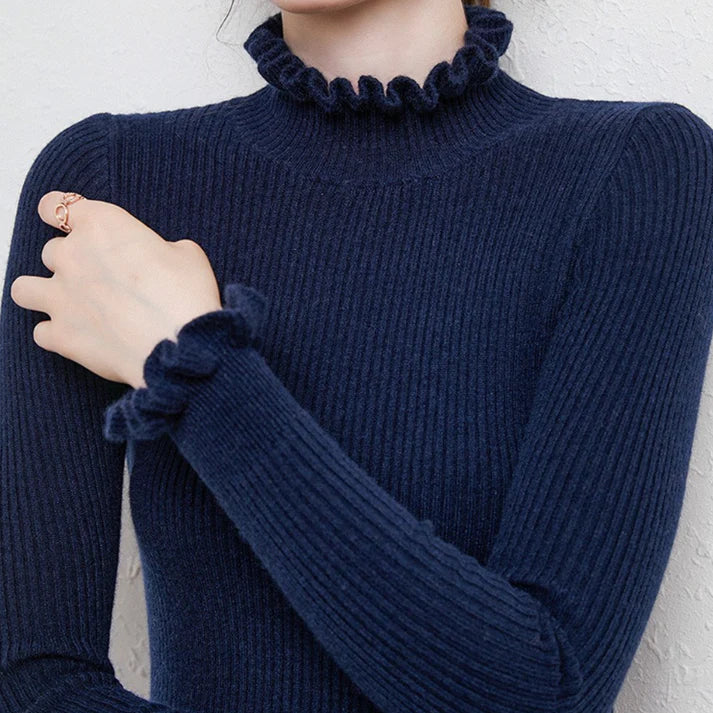 Celia Ribbed Turtleneck Sweater with Ruffled Cuffs in Navy