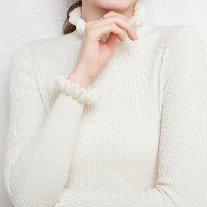 Celia Ribbed Turtleneck Sweater with Ruffled Cuffs in White