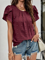 Charice Swiss Dot Blouse with Layered Petal Sleeves in Burgundy