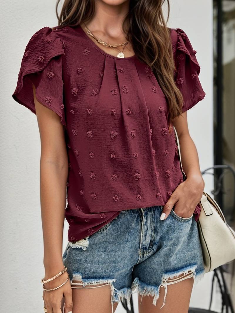 Charice Swiss Dot Blouse with Layered Petal Sleeves in Burgundy