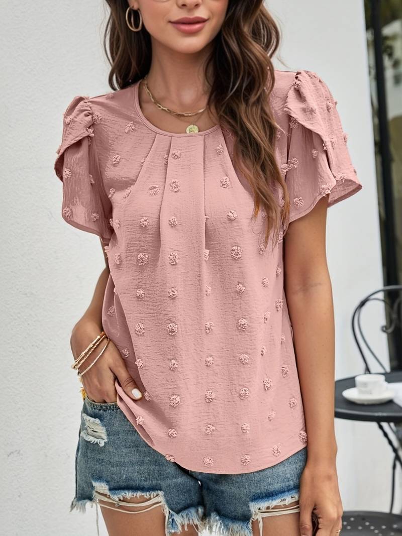 Charice Swiss Dot Blouse with Layered Petal Sleeves in Pink