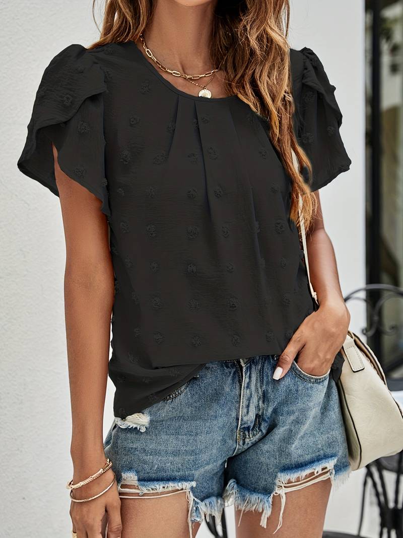 Charice Swiss Dot Blouse with Layered Petal Sleeves in Black
