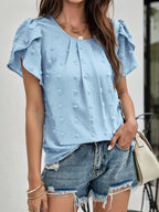 Charice Swiss Dot Blouse with Layered Petal Sleeves in Light Blue