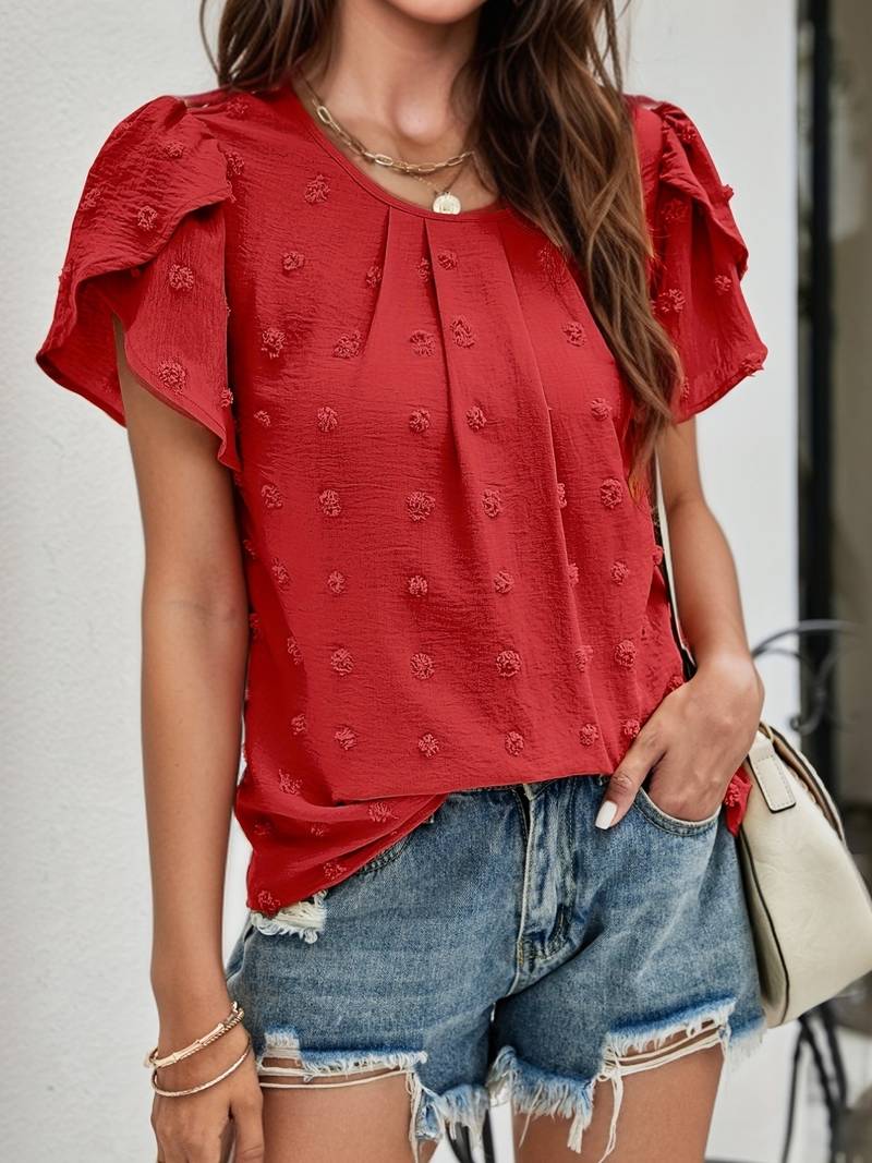 Charice Swiss Dot Blouse with Layered Petal Sleeves in Red