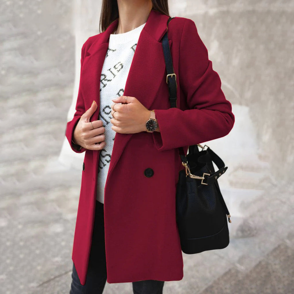 Charlotte Double-Breasted Mid-Length Coat with Lapels in Burgundy