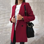 Charlotte Double-Breasted Mid-Length Coat with Lapels in Burgundy