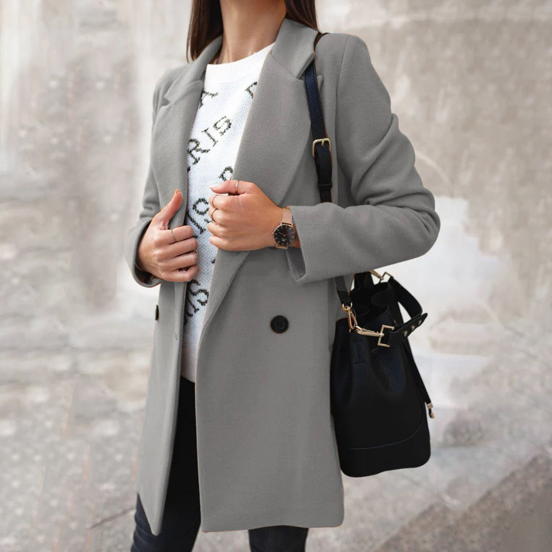 Charlotte Double-Breasted Mid-Length Coat with Lapels in Grey