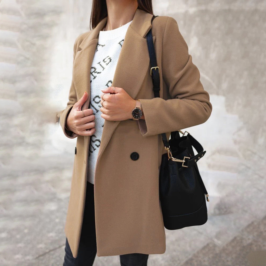 Charlotte Double-Breasted Mid-Length Coat with Lapels in Khaki