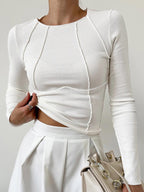 Charlotte Long Sleeve Top with Exposed Seam Detailing in White