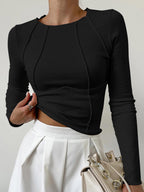 Charlotte Long Sleeve Top with Exposed Seam Detailing in Black