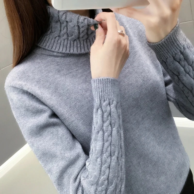 Cora Cable-Knit Turtleneck Jumper with Roll Neck in Blue