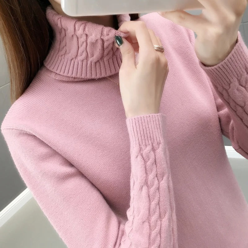 Cora Cable-Knit Turtleneck Jumper with Roll Neck in Pink