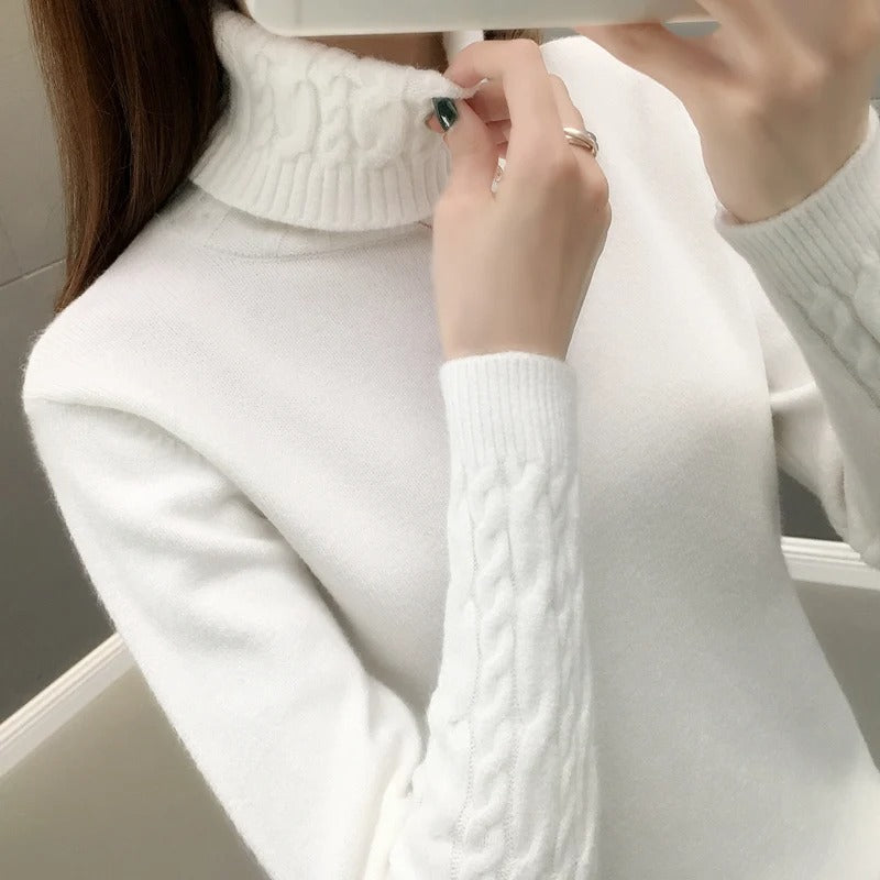 Cora Cable-Knit Turtleneck Jumper with Roll Neck in White