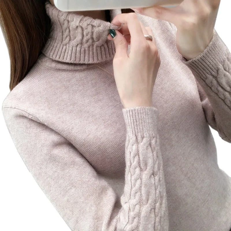 Cora Cable-Knit Turtleneck Jumper with Roll Neck in Khaki