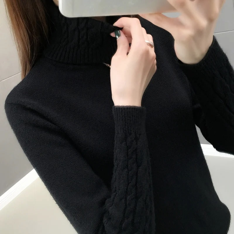 Cora Cable-Knit Turtleneck Jumper with Roll Neck in Black