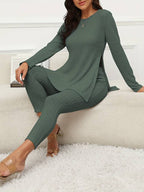 Cory Ribbed Lounge Set with Longline Top and Leggings in Green