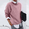 Drop-Shoulder Crew Neck Sweater with Ribbed Trims in Pink
