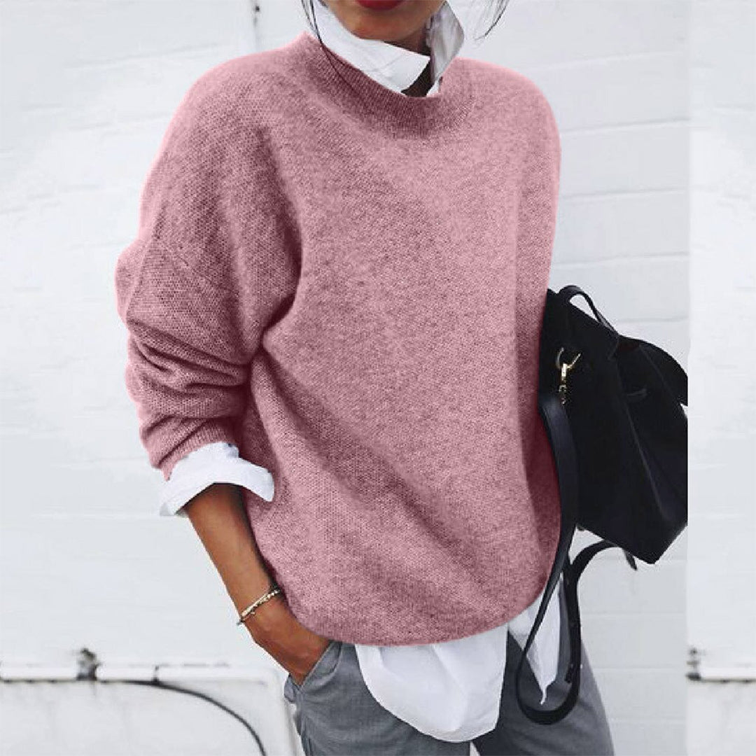 Drop-Shoulder Crew Neck Sweater with Ribbed Trims in Pink