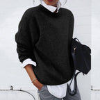 Drop-Shoulder Crew Neck Sweater with Ribbed Trims in Black