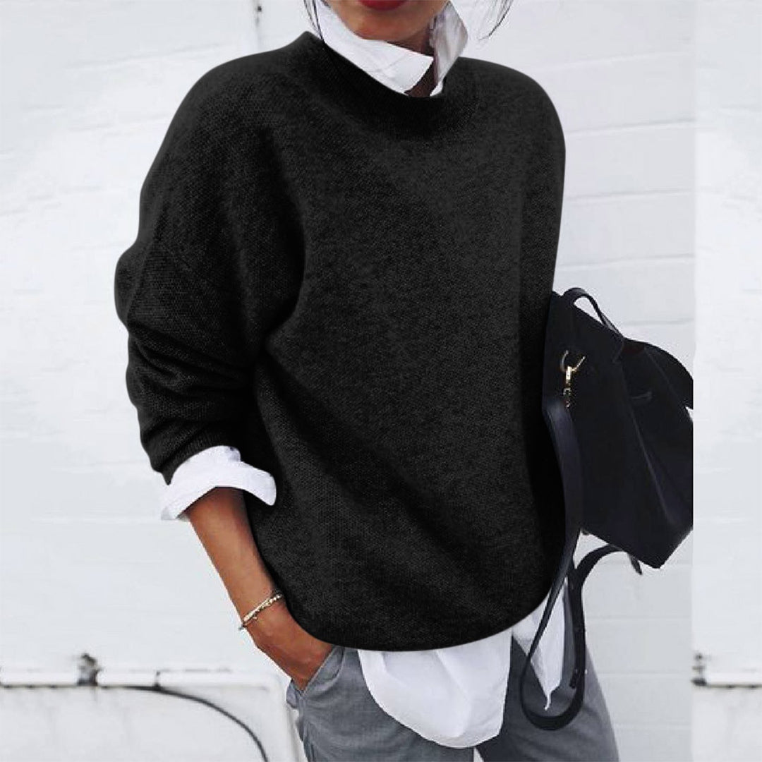 Drop-Shoulder Crew Neck Sweater with Ribbed Trims in Black