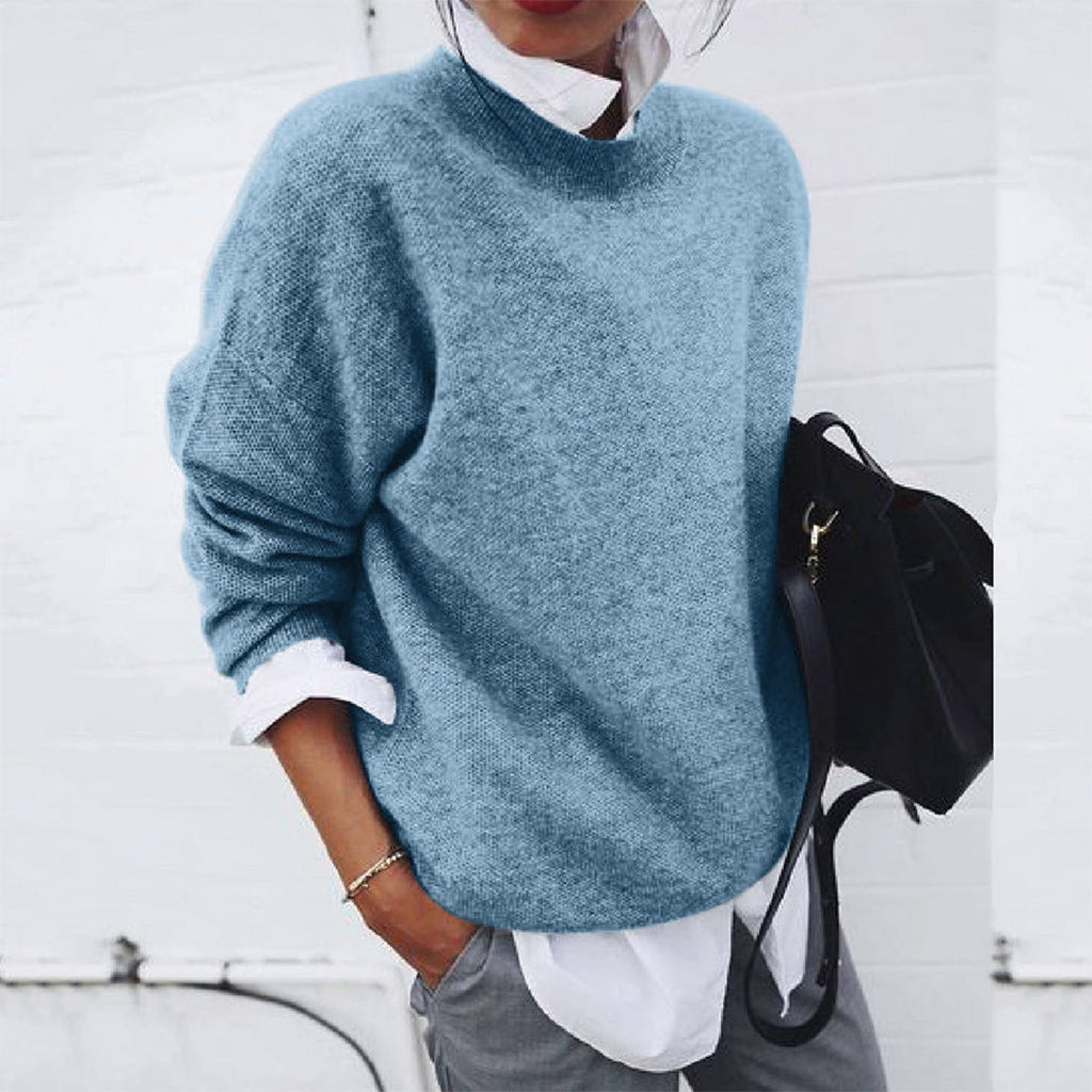 Drop-Shoulder Crew Neck Sweater with Ribbed Trims in Blue
