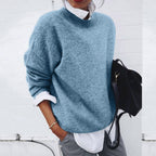 Drop-Shoulder Crew Neck Sweater with Ribbed Trims in Blue