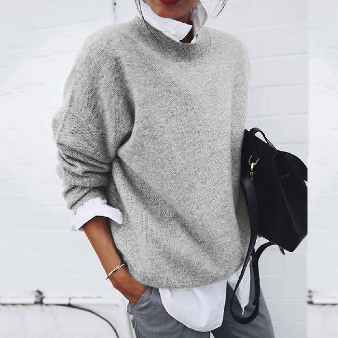 Drop-Shoulder Crew Neck Sweater with Ribbed Trims in Grey