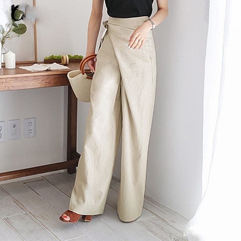Elaine High Waisted Wrap Trousers with Wide Straight Legs in Beige