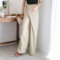 Elaine High Waisted Wrap Trousers with Wide Straight Legs in Beige
