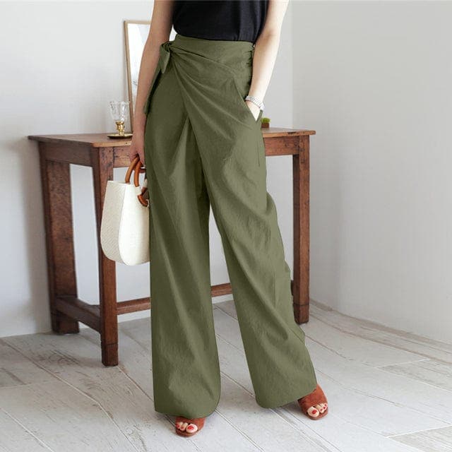 Elaine High Waisted Wrap Trousers with Wide Straight Legs in Green