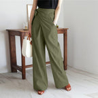 Elaine High Waisted Wrap Trousers with Wide Straight Legs in Green