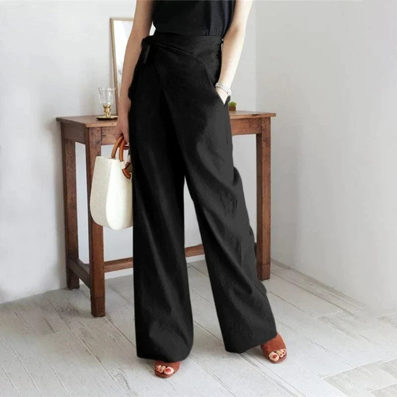Elaine High Waisted Wrap Trousers with Wide Straight Legs in Black
