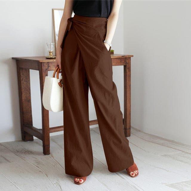 Elaine High Waisted Wrap Trousers with Wide Straight Legs in Brown