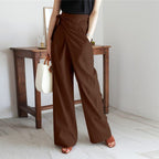 Elaine High Waisted Wrap Trousers with Wide Straight Legs in Brown