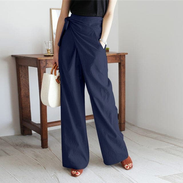 Elaine High Waisted Wrap Trousers with Wide Straight Legs in Navy